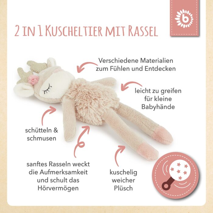 Bieco Kuscheltier Reh Ella mit Rassel | Baby Kuscheltier ab 0 Monate Stofftier  2.Plüschtier Reh rentier – Bild 6